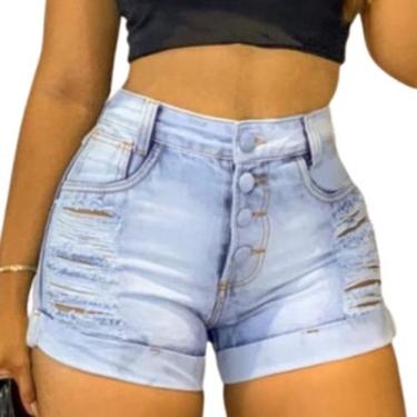 Imagem de Short Jeans Feminino Claro Bermuda Destroyed Jeans Curto Com Detalhes