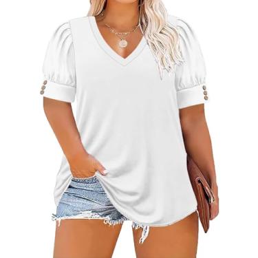 Imagem de ForHailey Blusa feminina plus size com botões, plissada, manga bufante, gola V, túnica casual de verão, 4102 Off White, 3G Plus Size