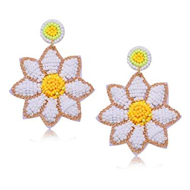 Imagem de Brincos de flores com contas artesanais de girassol com contas para mulheres, brincos florais boêmios, presentes de festa de aniversário, Plástico, Cristal