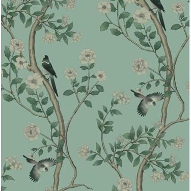 Imagem de Micpolo Papel de parede floral vintage de papel de parede floral verde claro e papel de contato de pássaros para armários folha árvore autoadesivo papel de parede removível para decoração de parede de