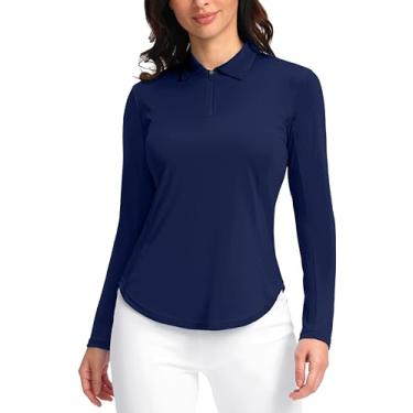 Imagem de Camisas polo femininas manga longa FPS 50+ camisas de proteção UV leves de secagem rápida camisas frescas para mulheres golfe trabalho ao ar livre, Azul marino, GG