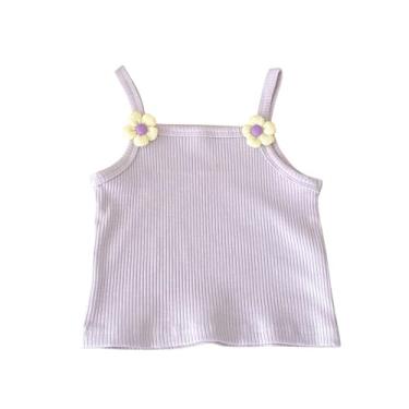 Imagem de BILIKEYU Camisetas regatas de malha de flores para meninas pequenas, sem mangas, alças finas, blusas ou babados, Roxa, 3-4 Anos