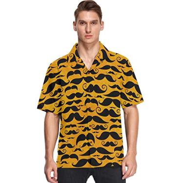 Imagem de visesunny Camisa masculina casual de botão manga curta havaiana estampa laranja bigode estilo vintage Aloha, Multicolorido, XG