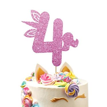 Imagem de Topo de bolo de unicórnio de 4 anos, topo de quatro bolos, decoração de bolo mágico, decoração de festa de aniversário para bebês meninas - glitter rosa