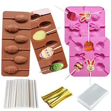 Imagem de Pacote com 2 moldes de silicone para doces de pirulito de silicone e chocolate, 8 moldes de ovo de coelho, incluindo 80 palitos de pirulito + 100 sacos de doces + 100 laços torcidos (rosa)