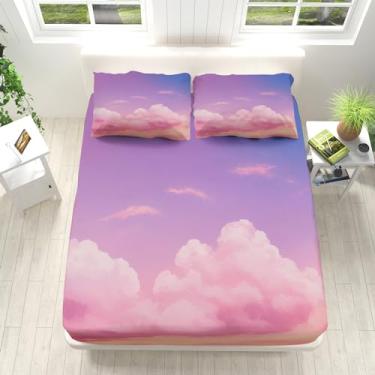 Imagem de Jogo de lençol casal azul com estampa de nuvem gradiente rosa em microfibra macia (1 lençol com elástico, 1 lençol de cima, 2 fronhas) para decoração de quarto e dormitório