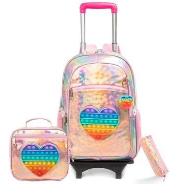 Imagem de Egchescebo Mochila Escolar Infantil com Rodinhas para Meninas e Crianças Rodas Bolsa Mala Carrinho 17” 3PCS Lancheira Juvenil Estojo Costas Rodas Amovível Viagem Brinquedos Aliviar o Stress Dourado