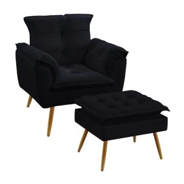 Imagem de Kit Poltrona Almofadada Decorativa Beta e Puff Lunar N-024 Veludo Pret