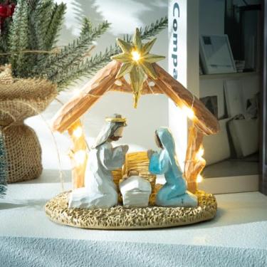 Imagem de BUTITNOW Presépio com luzes, boneco de presépio pintado à mão esculpido - Primeira história de Natal, presépio para exibição interna de casa, mesa