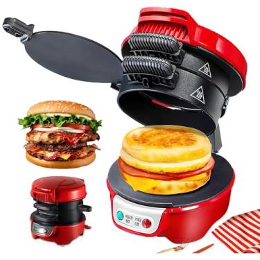 Imagem de Sanduicheira de café da manhã com anel de ovo, pronta em 5 minutos, destacável e lavável na máquina, máquina de hambúrguer multifuncional, aquecimento de dupla face, grelha redonda elétrica, máquina