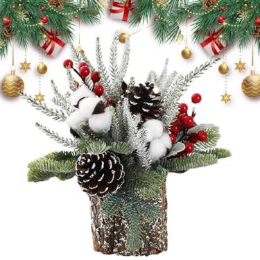 Imagem de Árvore de Natal de mesa com luzes,Árvore de Natal iluminada de mesa - Poucos enfeites de árvore,Árvore de Natal artificial com pinhas e frutas vermelhas para enfeite de mesa
