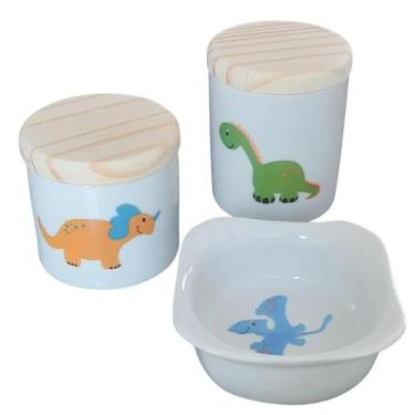 Imagem de Kit higiene bebê 3 peças Dinossauro - Potes e Molhadeira - Peças porce