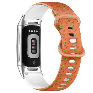 Imagem de Pulseira de silicone macio compatível com Fitbit Charge 5/Fitbit Charge 6 (dinossauros), pulseira esportiva macia para mulheres e homens