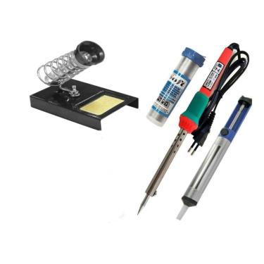 Imagem de Kit Solda Ferro + Suporte + Sugador + solda em fio tubete