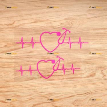 Imagem de Adesivo de vinil em forma de coração para estetoscópio de enfermeira batimento cardíaco - pacote com 2, rosa choque, 18 cm, 20 cm - sem fundo cortado para carro, barco, laptop