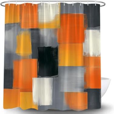 Imagem de Cortina de chuveiro abstrata laranja moderna pintura grunge laranja queimado cinza preto pintura a óleo pinceladas hippie arte legal grafite tecido geométrico cortina de banho com gancho