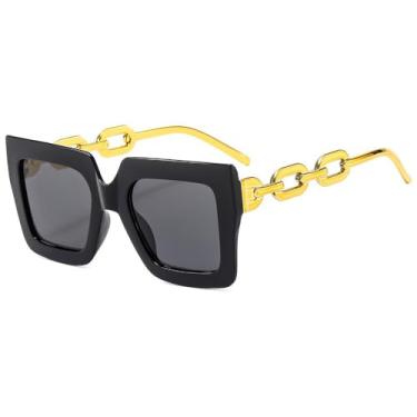 Imagem de Óculos de sol de armação grande da moda, mulheres, homens, personalidade, lente de corrente, perna, retrô, retangular, óculos de grau uv400 (preto)