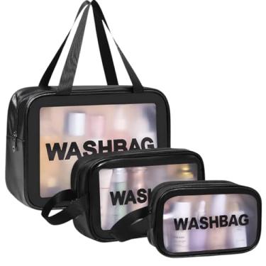 Imagem de Conjunto de 3 Necessaire Transparente Washbag Kit 3 Tamanhos P M G para Viagem, Maquiagem, Banho e Academia - Impermeável, Versátil, Leve e Fácil de Limpar Zíper à prova d'agua (Preto)