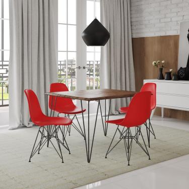 Imagem de Conjunto De Mesa Eames Clips De Ferro Preto Tampo Quadrado Amêndoa 90x90 4 Cadeiras Ferro Preta Assento Vermelho