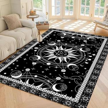 Imagem de EDGZKO Tapete de área de sol e lua: tapetes de fase da lua de 1,8 x 2,5 m, tapete celestial bruxo para quarto, sala de estar, cozinha, dormitório, preto, branco, boho, tapete antiderrapante, tarô,