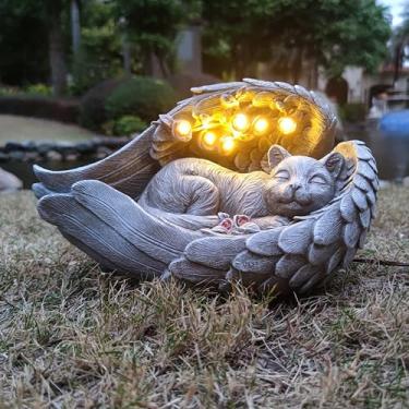 Imagem de Yardancer Estátuas solares de jardim de gatos decoração ao ar livre estatuetas de gato ornamentos de gramado luz LED solar - decorações de quintal para pátio, varanda, quintal - presentes exclusivos