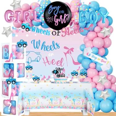 Imagem de Fiesec Decorações Para Festa De Revelação Sexo Com Rodas Ou Saltos, Sexo, Decoração Bebê Menino Menina, Cenário, Balão, Faixa, Toalha Mesa, Bolo, Topo Cupcake, Caixa, Rosa, Azul