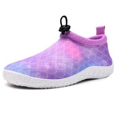 Imagem de WateLves Meias aquáticas para crianças, meninos e meninas, secagem rápida, leves, antiderrapantes com sola grossa flexível para praia, piscina, surfe, Escamas de peixe roxas, 15