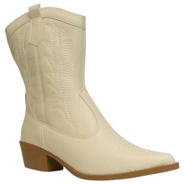 Imagem de Bota Feminina Western Texana Bordada Cano Médio Salto Grosso Bico Fino Confortável (Off White, BR, Adulto, Numérico, 38)