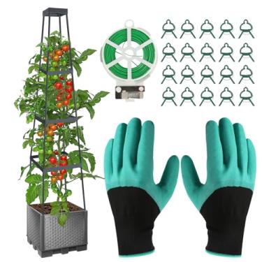 Imagem de Canteiro de jardim elevado de 140 cm - Treliça de plantador de tomate de 4 camadas, caixa de plantação autoirrigável com treliça, vaso de jardinagem vertical para plantas trepadeiras, flores de