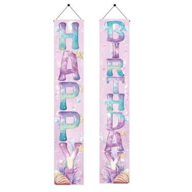Imagem de Starlit Patio Feliz aniversário tema mar porta varanda banner decoração festa letras gel com conchas do mar varanda feliz aniversário para entrada de festa decoração de sinal de aniversário para casa