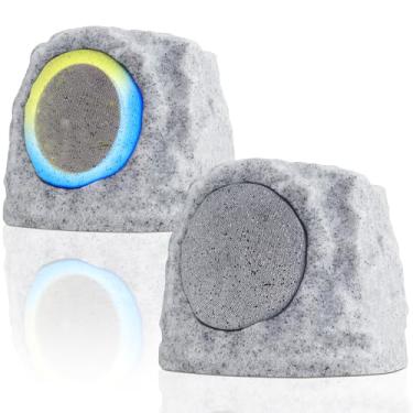 Imagem de Alto-falante Rock para ambientes externos, à prova d'água, carregamento solar e USB com cores RGB, Bluetooth 5.0, alto-falante solar Bluetooth para uso externo (pacote com 2)