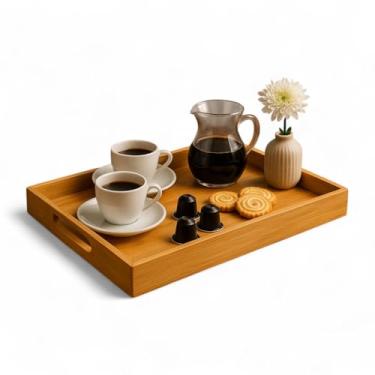 Imagem de Bandeja Retangular De Bambu Ecokitchen Com Alça Laterais 40cm Ideal Para Servir Petiscos, Café e Lanches ou Decoração De Casa