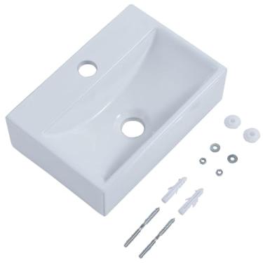 Imagem de SHACO Pia de banheiro de 35,5 cm com montagem na parede, um orifício, retangular, moderna, porcelana, cerâmica, para lavanderia, meio-banho, banheiro pequeno