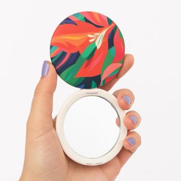 Imagem de Espelho Compacto de Bolso com Estampa Tropical, Dupla Face, Design Floral em Laranja e Verde
