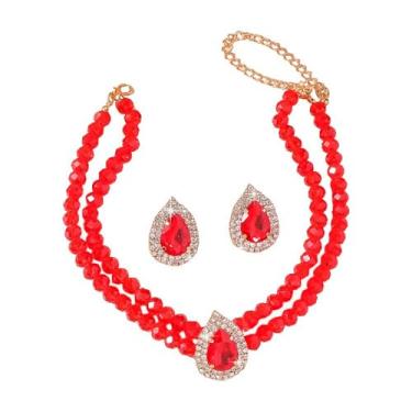 Imagem de Dtja Conjunto de colar e brinco de gargantilha de cristal em forma de gota com 2 peças, joia de declaração para mulheres, brincos de zircônia cúbica para fantasia de baile de casamento, 38 cm, 5 cores