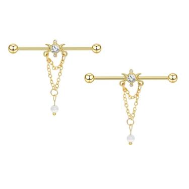 Imagem de Lantine Piercing industrial com pingente de 14G, andaime redondo de zircônia cúbica, 38 mm, corrente pendurada, cartilagem, barra industrial, brincos para cartilagem para mulheres e homens