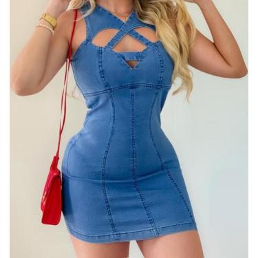 Imagem de Vestido Jeans Feminino Com Manga Moda Feminina De Lycra Curto Alça Zíp