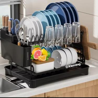 Imagem de KLEMING| Escorredor de Louças com Design em 2 Níveis, Preto em Aço Carbono Inoxidável, Resistente a Ferrugem com Bandeja Drenagem automática, Moderno, Antiderrapante.