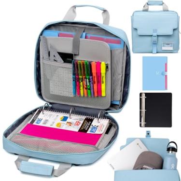 Imagem de Kaitiaki Bolsa de fichário com zíper com 3 anéis com alça e alça de ombro, anel de vedação de 5 polegadas, bolso grande para laptop, pasta expansível de 5 abas, kit de material escolar (azul menor)