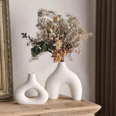 Imagem de GarDream Conjunto de 2 vasos de cerâmica branca, vasos de donut vazados minimalistas para capim-dos-pampas, flores secas, mesa, bancadas, vaso decorativo moderno boho para decoração de casa, sala de