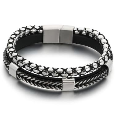 Imagem de Azubpi Pulseira masculina de couro trançado com corrente de aço inoxidável multicamadas para homens e mulheres joias masculinas
