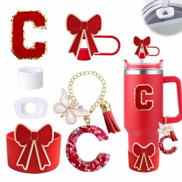 Imagem de Conjunto de 6 peças de acessórios para copo vermelho Stanley Cup 850 g 1,134 g copo com alça, incluindo tampa de cobertura de palha de silicone e bota de laço, tampa à prova de derramamento, pingente