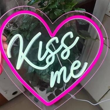 Imagem de Luzes USB para decoração de casa, letreiros neon LED de 5 V para parede fria, sinal neon em forma de coração, luz Kiss Me para presente de namorada, rosa e branco, com interruptor de regulação, 34 x