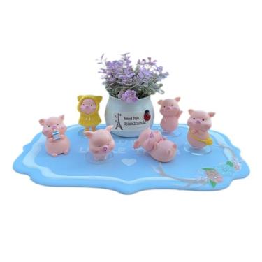 Imagem de LXQTAO Ornamento criativo para carro: buquê de flores realista com vaso de cerâmica para painel, escritório e decoração de casa (porcos rosa + vasos de plantas + almofadas azuis)