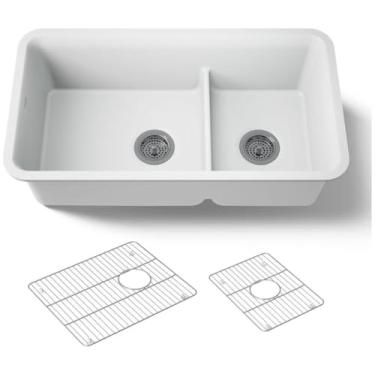 Imagem de Kohler Cozinha subterrânea Cairn Neoroc 27786-CM6, divisão inteligente composta, tigela de deslocamento duplo de 83,8 cm com suportes para pia, branco fosco