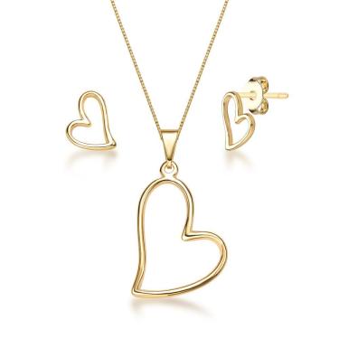 Imagem de Kit Colar Brinco Pingente Coração Joias Folheada a Ouro 18k