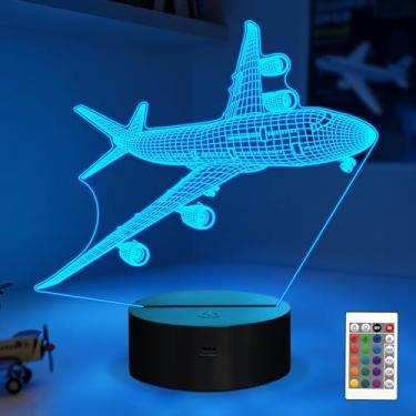 Imagem de Anywin Presentes de avião para meninos, lâmpada de avião com controle remoto, 16 cores, temporizador, regulável para decoração de mesa, presente de avião elegante para Natal, aniversário, formatura