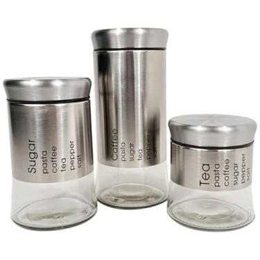 Imagem de Conjunto de 3 Potes Herméticos em Inox e Vidro para Café, Açúcar e Chá, 840ml/590ml/390ml, Tampa Vedante