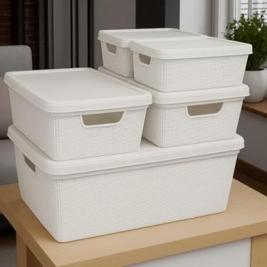 Imagem de Caixa Organizadora com Tampa Kit 5 Peças Cesto Grande em Plástico 1,8 L 5 L 15 L - Rv-Ecommerce (Branco)