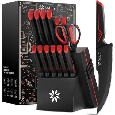 Imagem de Conjunto de facas ASETY 15 unidades com bloco afiador de facas em aço 